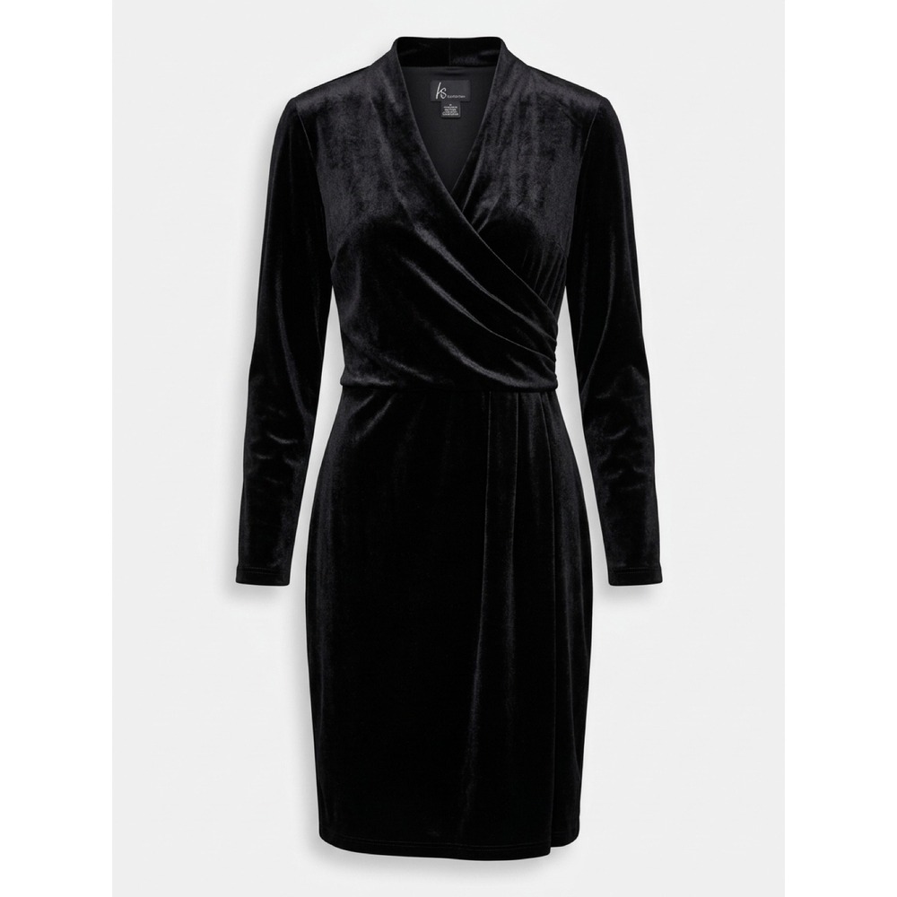 KS Collection Black Velvet Faux Wrap Dress Long Sleeve Y2K Surplice Midi 14 NWT